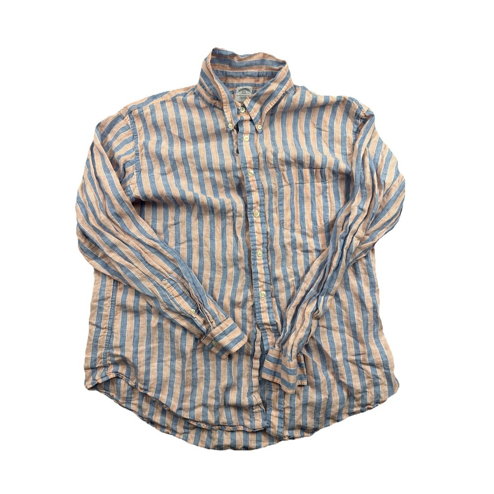 Brooks Brothers 346 All Linen Orange And Blue Vertical Striped Button Down 2XL